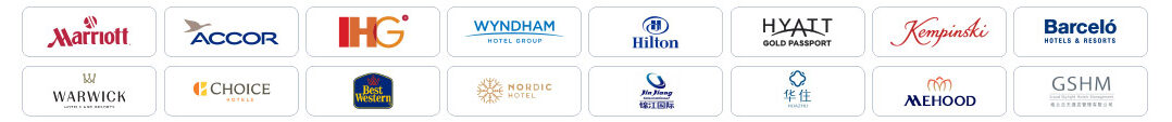Marriot, Accor, IHG, WYNDHAM Hotel Group, Warwick, Choice, Best Western, Nordic Hotel, Hilton, HYATT, Kempinski, Barcelo, Mehood and GSHM logos